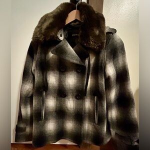 Eddie Bauer Charcoal and Cream Checkered Pea Coat with Faux Fur Collar